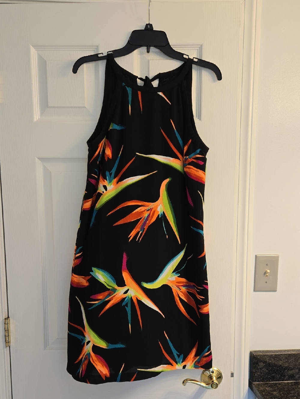 Worthington Black Halter Mini Dress with Vibrant Tropical Print
